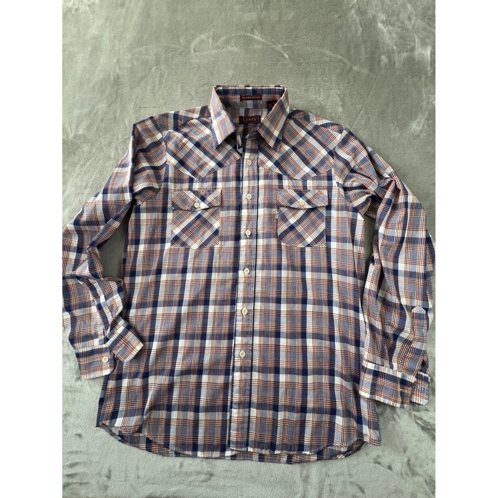 Levi's Western Shirt Mens XL Blue Plaid Pearl Snap Vintage USA 64021 6010